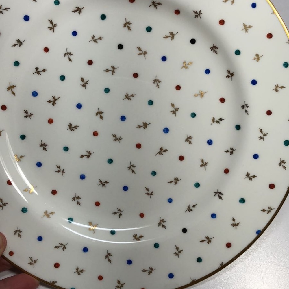 Tiffany & Co. White Porcelain Plate with Gold Sprigs and Multicolor Dots